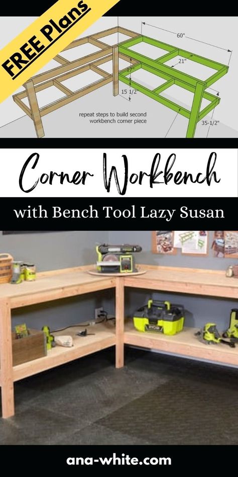 Building A Workbench Diy, Diy Corner Workbench, Garage Bench Workbenches, Workshop Table Workbenches, Diy Workbench Ideas, Diy Work Bench Ideas, Build Work Bench, L Shaped Work Bench, Corner Workbench Plans