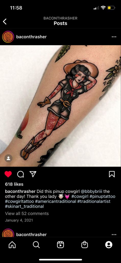 Traditional Cowgirl Tattoo, Traditional Cowgirl, Pinup Cowgirl, Cowgirl Tattoo, Traditional Black Tattoo, Cowgirl Tattoos, Traditional Tattoo Design, Pin Up Tattoos, Calf Tattoo