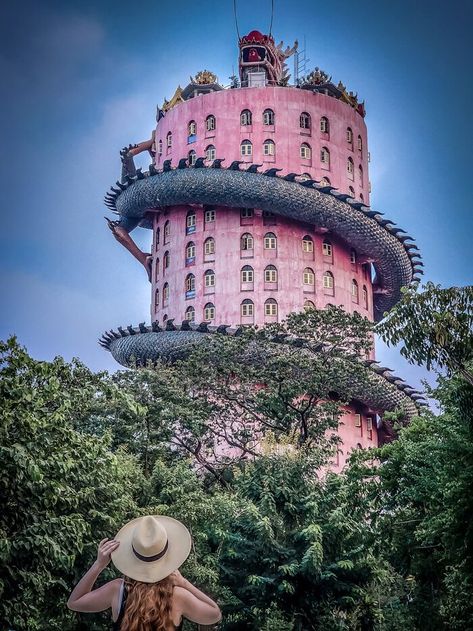 girl standing in front of the dragon temple in bangkok Dragon Temple Thailand, Wat Samphran Temple, Wat Samphran, Long Neck Tribe, Places To Visit In Bangkok, Thailand Travel Itinerary, Giant Dragon, Temple Visit, Wat Rong Khun