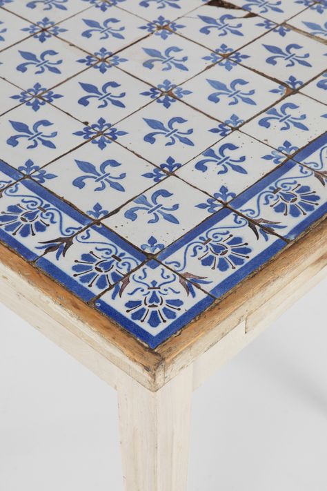 Table With Tiles Top, Dining Table With Tiles Top, Light Cream Paint, Tiled Table Top, Table With Tile Top, Mexican Tile Table, Ceramic Tile Table, Tile Top Table, Blue Kitchen Tiles