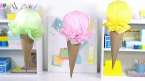 A cute, helpful video: "How To Make Paper Ice Cream Cone Decorations" Perfect for any kids party! Paper Ice Cream Cone, Ice Cream Cone Craft, Ice Cream Social Party, Paper Ice Cream, Ice Cream Crafts, Ice Cream Birthday Party, Ice Cream Theme, Easy Ice Cream, Summer Party Decorations