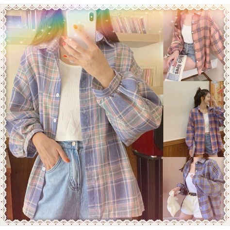 Shopee Preppy Outfits Aesthetic, Artsy Fashion, Aesthetic Female, Casual Blouse Women, Oversized Plaid Shirts, Lavender Tops, Plaid Shirt Women, Checked Blouse, Women Shirt Top