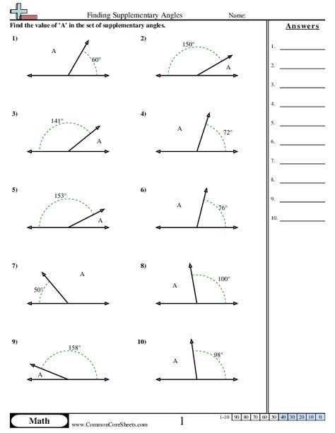 Angles Worksheets - Finding Supplementary Angles worksheet Complementary And Supplementary Angles, Measuring Angles Worksheet, Adjacent Angles, Equations Worksheets, Complementary Angles, Supplementary Angles, 6th Grade Worksheets, Angles Worksheet, Measurement Worksheets