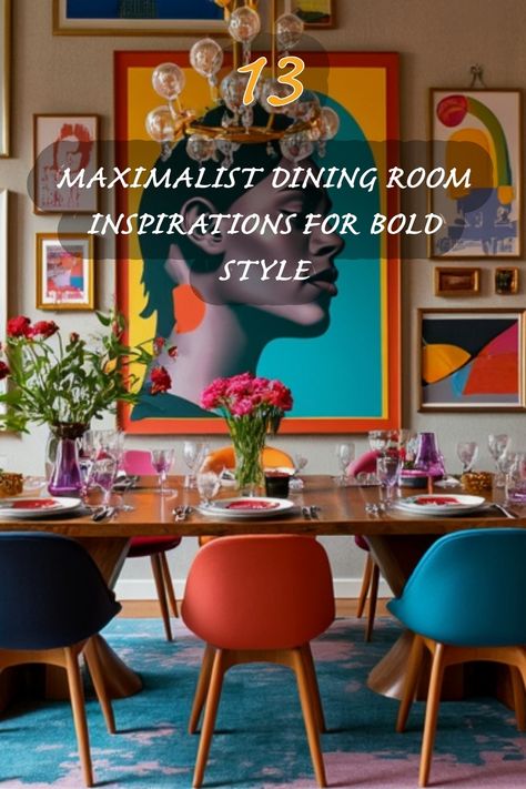 I absolutely love how this dining room embraces maximalism with vibrant colors and eclectic decor! From the stunning artwork on the walls to the unique seating choices, every detail adds to the bold ambiance. Perfect for anyone looking to make a statement in their home! Electric Dining Room, Mauve Dining Room, Eclectic Dining Room Decor, Modern Eclectic Dining Room, Maximalist Dining Room, Funky Dining Room, Japandi Dining Room, Organic Modern Kitchen, Unique Seating