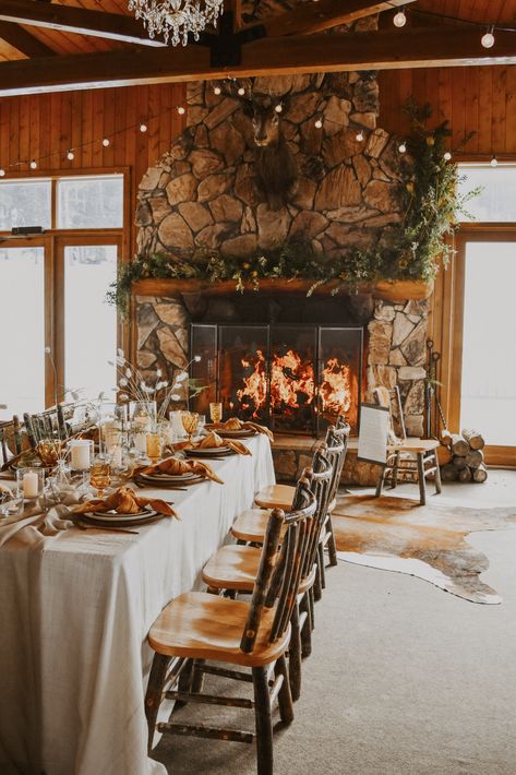 Cabin Elopement Decor, Elegant Lodge Wedding, Chalet Wedding Decor, Indoor Cabin Wedding, Intimate December Wedding, Fall Lodge Wedding, Fireplace Wedding Reception, Winter Intimate Wedding, Cabin Wedding Aesthetic