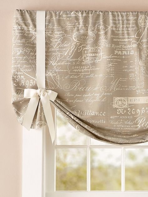 Parisian Note Lined Rod Pocket Tie-Up Valance Parisian Curtains, Cortinas Country, French Country Curtains, Linen Valance, Rideaux Shabby Chic, Linen Valances, Tie Up Valance, Tie Up Curtains, Bathroom Window Treatments