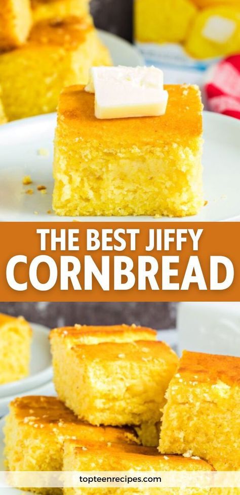 One of the biggest issues with cornbread is the fact that it is often very dry and crumbly. This is the best jiffy cornbread recipe that completely changes the cornbread game by making the moistest and fluffiest cornbread you’ve ever had. You can bring this to any gathering, or meal or just enjoy a piece on its own. You will want to make this recipe week after week because it is that good. Recipes With Cream Corn, Corn Bread Jiffy, Corn Bread Jiffy Recipes With Cream Corn, Cheesy Cornbread Recipe, Best Jiffy Cornbread Recipe, Hot Water Cornbread Recipe, Sour Cream Cornbread, Jiffy Recipes, Fluffy Cornbread