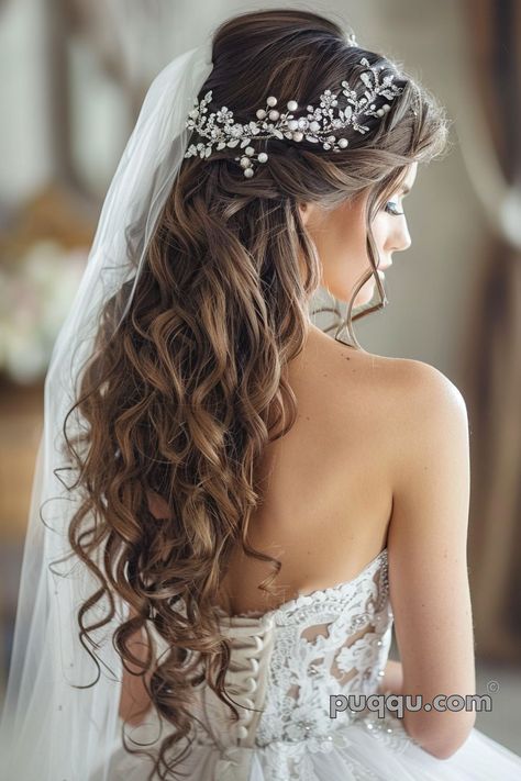 Wedding Hairstyles: Tips & Trends for 2024 - Puqqu Bridal Hairstyles Western, Wedding Hairstyles Long Hair With Veil, Bride Hairstyles 2024, Bride Hairstyles With Tiara, Wedding Hair Veil, Wedding Hair With Veil, Bride Hairstyles With Veil, Wedding Tiara Hairstyles, My Hairstyle