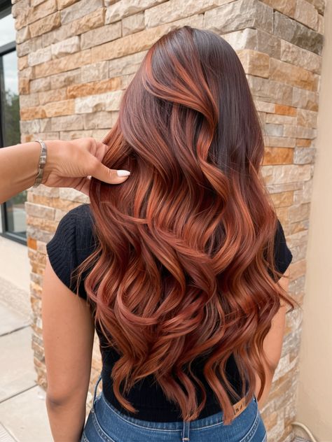 24 Trending Copper Balayage Hair Color Ideas for 2025: Styles & Tips Cowgirl Copper Hair Balayage, Dark Hair Copper Balayage, Dark Root Copper Balayage, Brown And Red Balayage, Copper Hair With Dark Roots Brown, Black Copper Hair, Orange Balayage Hair, Brown Red Balayage, Red Balayage Hair Brunettes