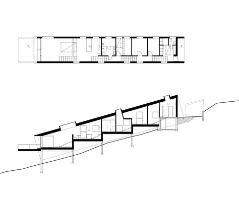 How to Design Architecture for a Steeply Sloping Site - Architizer Journal Houses On Slopes, Slope House Design, Sloping Lot House Plan, Slope House, Timber Cabin, Hillside House, Architecture Concept Diagram, Architecture Concept Drawings, Architectural Section