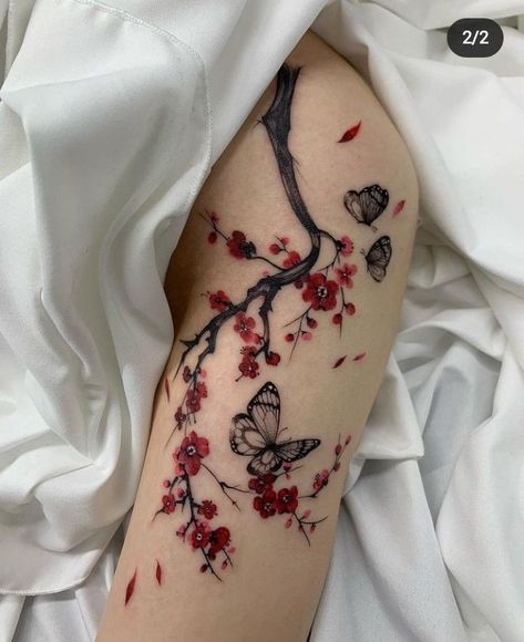 Cherry Blossom Tattoo On Thigh, Cherry Blossom Thigh Tattoo, Cherry Blossom Tattoo Thigh, Cherry Blossom Tattoos, Tattoo On Thigh, Sakura Tattoo, Architectural Ideas, Design Tattoos, My Tattoos