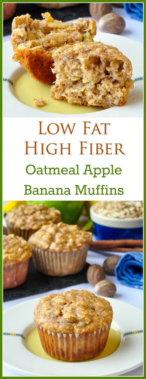 Oatmeal Apple Banana Low Fat Muffins. High in fiber too! A very easy to make recipe for moist, delicious breakfast muffins that uses a minimum of vegetable oil and sugar, although you'll never miss it. High Fiber Muffins, Low Fat Muffins, Fiber Muffin, Apple Banana Muffins, Oatmeal Apple, Wholesome Breakfast, Menu Sarapan Sehat, Healthy Breakfast Muffins, Low Cholesterol Recipes