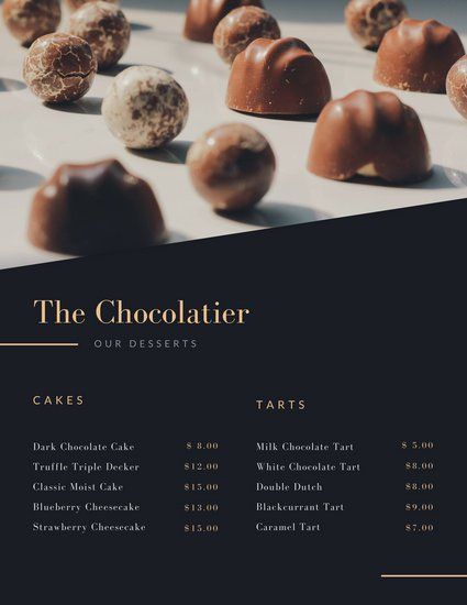 Black and Yellow Chocolate Dessert Menu Chocolate Catalogue Design, Dessert Catalogue, Chocolate Menu Design, Chocolate Poster Design Ideas, Cake Menu Design Ideas, Dessert Menu Design Ideas, Dessert Menu Design, Luxury Menu Design, Dessert Menu Template