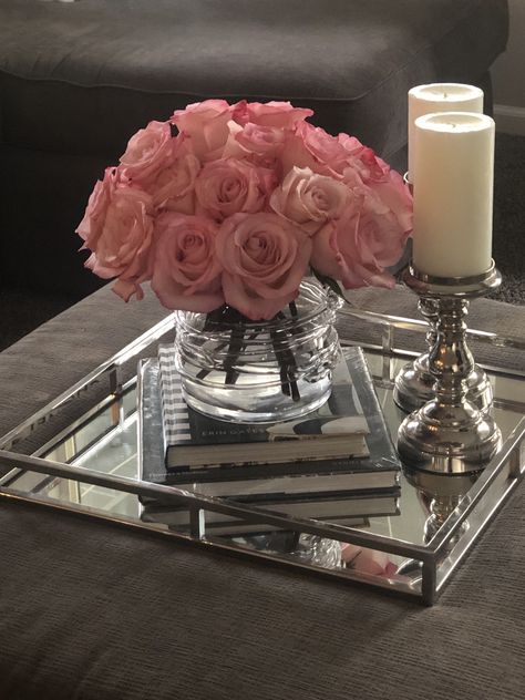 Mirrored Tray Decor, Mirror Tray Decor Ideas, Glam Coffee Table Decor, Mirror Tray Decor, Coffee Table Decor Ideas, Roses In A Vase, Coffee Table Decor Living Room, Cozy Up Your Home, Glamorous Decor