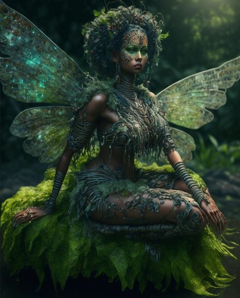 Fairy Queen Art, Black Fairy Art, Black Fae Day, Black Fairy Aesthetic, Black Fairycore, Water Fae, Black Fairies, Black Fae, Black Spirituality