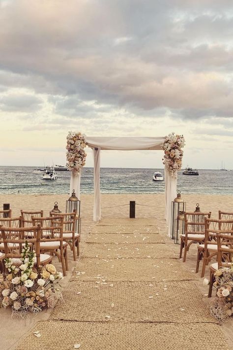 Beach Wedding Canopy, Wedding Ideas For Beach Weddings, Morning Beach Wedding Ideas, Beach Wedding Sitting Ideas, Basic Beach Wedding, Wedding Venues On The Beach, Beach Wedding Walkway Ideas, Hupa Wedding Ideas, Spring Beach Wedding Ideas