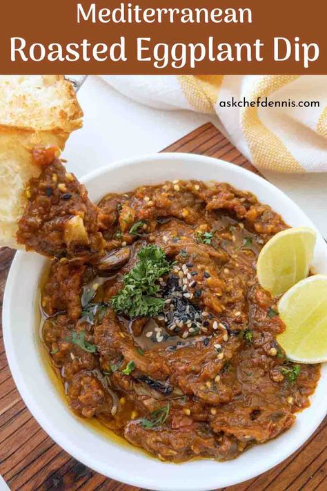 If you're looking for the perfect appetizer, my Roasted Eggplant Dip is guaranteed to bring smiles to your table, not just the eggplant lovers. With a slightly smoky flavor, this chunky Mediterranean eggplant dip with a hint of tomatoes, garlic, and lemon is a taste sensation your whole family will love. Mediterranean Eggplant Dip, Roasted Eggplant Dip Recipes, Eggplant Appetizer Easy, Cava Roasted Eggplant Dip, Eggplant Dipping Sauce, Eggplant Spread, Egg Plant Dip Recipes, Eggplant Appetizers, Persian Eggplant Dip