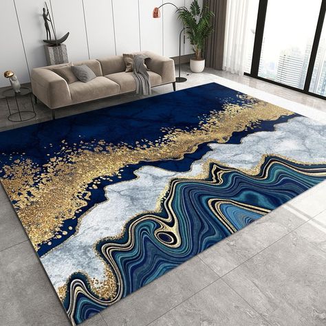 PRICES MAY VARY. ✿ CHOOSING THE RIGHT SIZE - The area rugs come in sizes 3x2ft, 2x6ft, 3x4ft, 3x5ft, 4x5ft, 4x6ft, 5x6ft, 5x7ft, 5x8ft, 6x8ft. being able to meet your individual requirements. ✿ SofT MATERIAL - The carpet in this area consists of an upper layer of Flannel, a middle layer of sponge, and a bottom layer of plastic anti-slip layer. The soft texture adds comfort to your hard floors. ✿ BEST HOUSEKEEPING - Dust and dirt on the surface can be removed easily. You can clean spills immediat Navy And Gold Office, Blue And Gold Rug, Navy Blue Living Room Decor, Blue Decor Living Room, Navy Living Room Decor, Texture Living Room, Blue And Gold Living Room, Throw Rugs Bedroom, Dining Room Playroom