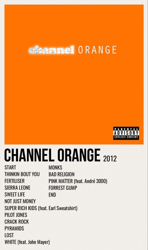 minimal poster of the album channel orange by frank ocean Chanel Orange Album Cover, Frank Ocean Album Cover Poster, Chanel Orange Frank Ocean Poster, Chanel Orange Poster, Chanel Orange Frank Ocean, Frank Ocean Album Poster, Channel Orange Album Cover, Channel Orange Poster, Frank Ocean Album Cover