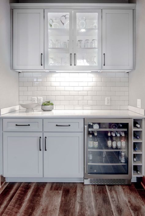 Beverage Fridge Under Counter, Kitchen With Beverage Fridge, Wine And Beverage Fridge, Under Counter Beverage Fridge, Pantry With Beverage Fridge, Beverage Fridge In Kitchen, Under Cabinet Fridge, Upper Glass Cabinets, Kitchen Beverage Center