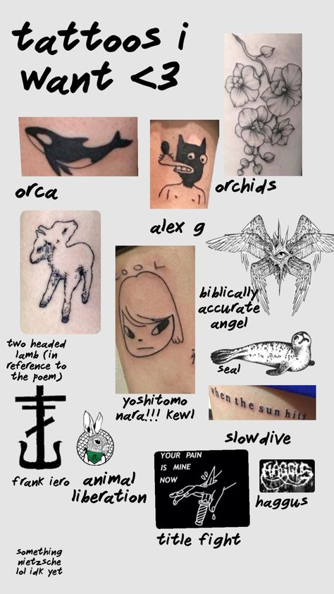 i do not think anyone will care but i like looking at them all together :]#tattoo #shoegaze #alexg #alexgianascolli #frankiero Alex G Tattoo, G Tattoo, Yoshitomo Nara, Sticker Printer, Alex G, Frank Iero, Tattoo Stickers, I Tattoo, Your Aesthetic