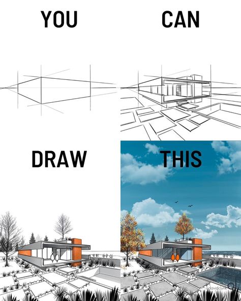 Architecture Drawing One Point Perspective, Architecture Drawing 2 Point Perspective, Procreate Perspective Tutorial, Kitchen Perspective, 2point Perspective Drawings Interior, Perspective Artwork, Architecture Section Perspective Drawing, House Sketches, Perspective Architecture