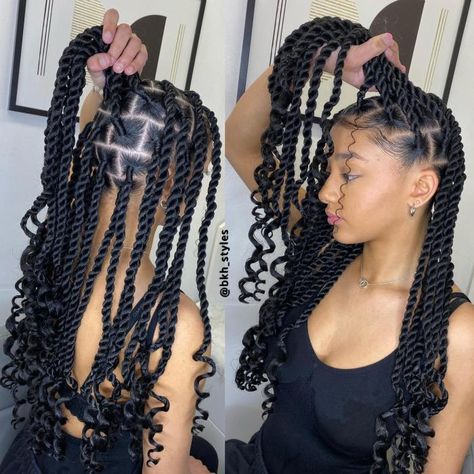 Long Jumbo Twists with Curled Ends Havana Curls, Short Braids With Curls At The End, Large Senegalese Twists, Long Twist Braids, Medium Twist, Box Twists, Long Twist, Curled Ends, Twist Cornrows