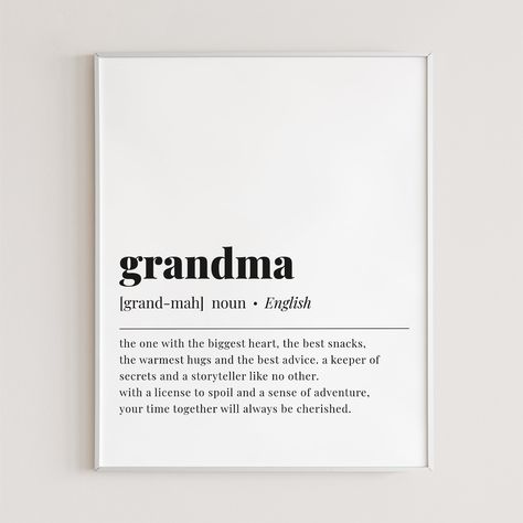 Are you looking for the perfect gift for your grandmother? Look no further! This feel good Grandma definition print is the perfect gift to show how much you appreciate your beloved grandmother! Whether you're looking for a last minute birthday gift for your grandmother or just a fun card to remind her how special she is, this grandma definition print will definitely put a smile on her face.This dictionary-style meaning of the word 'grandma' print is an instant download. After purchase you will r Lines For Grandmother, Grandma Definition Quote, Special Grandma Quotes, Notes To Grandma, Sayings About Grandmas, Poems For Grandma, Letters To Grandma, Quotes About Grandmas, Birthday Quotes For Grandma