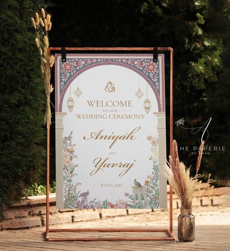 Wedding Boards Signs Entrance Indian, Sangeet Welcome Sign, Indian Wedding Signs, Wedding Sunboard, Indian Wedding Welcome Sign, Standee Design Ideas Events, Mehndi Welcome Sign, Welcome Boards Wedding, Indian Marriage Decoration