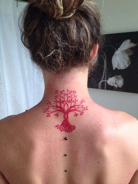 Tree of life. Red Ink. No Hard Feelings Tattoo, Coral Springs Fl. Rusty. Tree Of Life Tattoo Back Of Neck, Tree Of Life On Back Tattoo, Red Spiritual Tattoo, Tree Of Life Spine Tattoo, Tree Neck Tattoo, Red Tree Tattoo, Tree Of Life Back Tattoo, Feelings Tattoo, Tattoo Neck