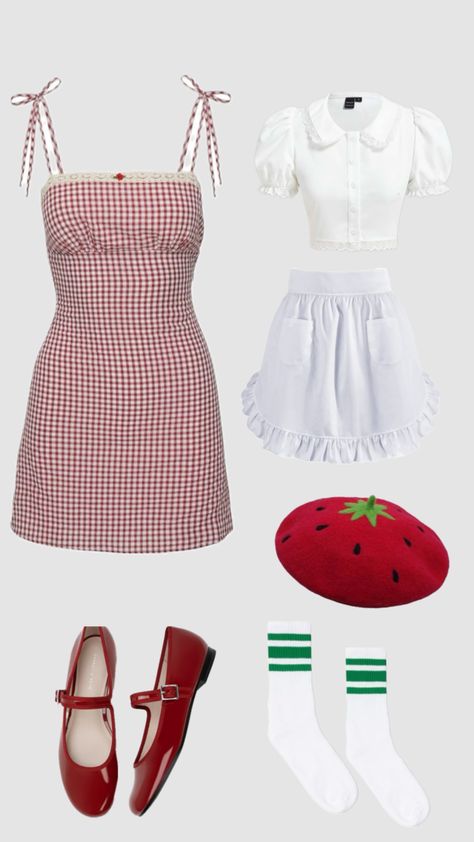 Strawberry Shortcake costume inspo Strawberry Shortcake Halloween Costume Aesthetic, Modern Strawberry Shortcake Outfit, Diy Strawberry Shortcake Costume, Strawberry Halloween Costume, Strawberry Shortcake Outfits, Strawberry Shortcake Costume, Halloween Social, Strawberry Shortcake Characters, Pretty Halloween Costumes