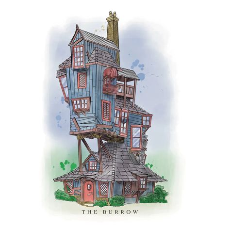 The Burrow Harry Potter Drawing, The Burrow Painting, Harry Potter Building Drawings, Harry Potter Realistic Drawing, The Burrow Drawing, Hagrids Hut Drawing, Harry Potter Architecture, Harry Potter Sketches, Harry Potter The Burrow