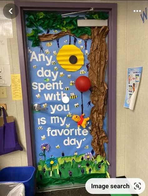 Story Book Classroom Doors, Disney Doors Classroom, Character Door Decorations Classroom, Book Inspired Classroom Doors, Winnie The Pooh Infant Room Daycare, Disney School Door Decorations, Door Decorations Classroom Infant, Tinkerbell Classroom Theme, Winnie The Pooh Paper Craft