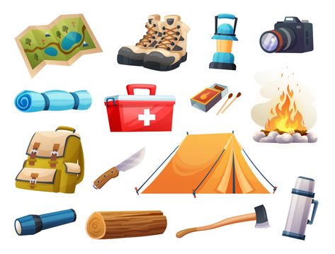 Hiking Equipment, Survival Kit, Camping And Hiking, Boy Scouts, Camping & Hiking, Wood Art, Premium Vector, Graphic Resources, Vector Art