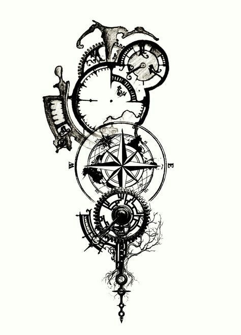 Clockwork Tattoo Design, Clockwork Tattoo, Time Bandits, Tato Maori, Clock Work, Compass Tattoo Design, Clock Tattoo Design, Kunst Tattoos, Work Tattoo