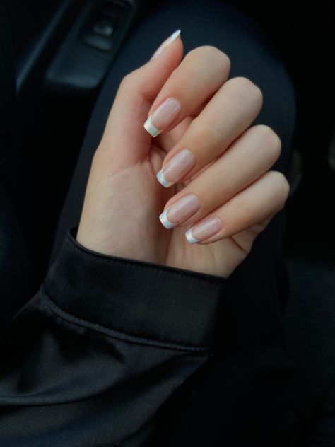 Classy French tip nails, pearlescent white French tip nails on a long nail bed with square shape, long coffin French tip nails Milky French Manicure Square, Sqovalnails French, Chrome French Tip Nails Square, Shellac French Tip, Nails Pearlescent, French Tip Nails White, Nails White Tip, French Shellac, Nails Subtle