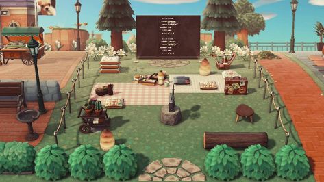 Outdoor Movie Area Acnh, Acnh Stage Area, Movie Area Acnh, Outdoor Movie Animal Crossing, Acnh Movie Area, Outdoor Movie Area, Outdoor Movie Ideas, Acnh Areas, Outdoor Movie Theatre