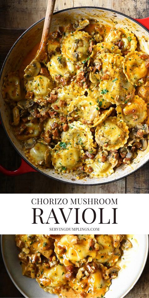 Mushroom Chorizo, Serving Dumplings, Spanish Chorizo, Chorizo Pasta, Mushroom Ravioli, Chorizo Recipes, Homemade Ravioli, Sunday Dinners, Ravioli Recipe