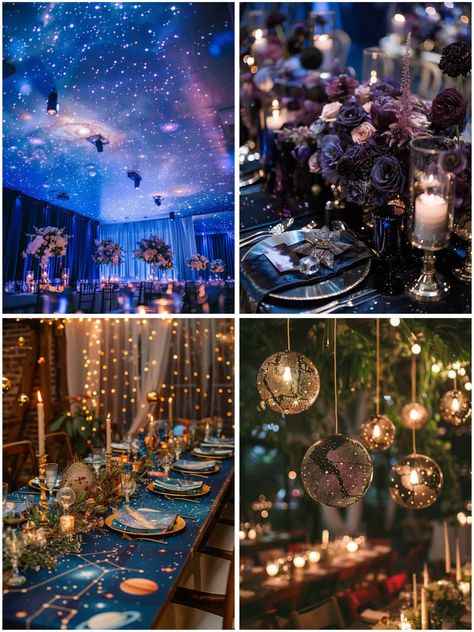 Cosmic Space Wedding Theme Ideas for Stardust Dreams Theme Party, Dim Lighting Wedding, Alien Themed Wedding, Starry Quinceanera, Dancing In The Moonlight Wedding, Galaxy Centerpiece Ideas Wedding, Coldplay Wedding Theme, Start Night Wedding Theme, Wedding Space Theme