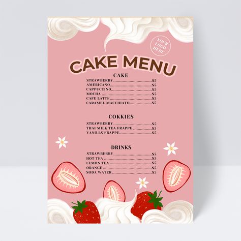 Shop Menu Design, Menu Design Ideas Templates, Cream Drawing, Drawing Fruit, Thai Milk Tea, Menu Card Design, Food Business Ideas, Strawberry Drinks, Menu Design Template