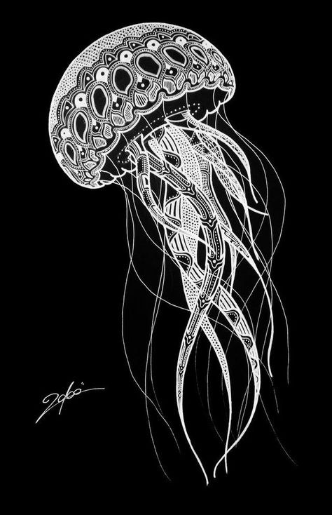 Jellyfish Drawing, Jellyfish Tattoo, Jellyfish Art, Black Paper Drawing, Posca Art, Surfboard Art, Scratch Art, Black Pen, A Present