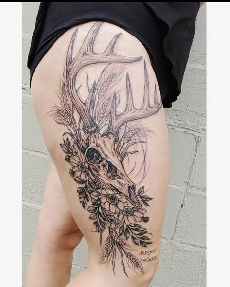 Western Side Tattoo, Deer Tattoos For Women Antlers, Animal Skull Tattoo Flowers, Hunting Tattoos For Women, Western Hip Tattoo, Punchy Tattoos, Western Tats, Deer Antler Tattoos, Buck Tattoo