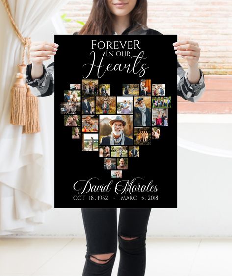 Memorial Wall In Home Diy, Picture Boards For Funerals Ideas, Memorial Picture Board, Memory Boards For Funerals, Memorial Service Decorations, Memorial Board, Memorial Poster, Photo Collage Diy, Diy Photo Display