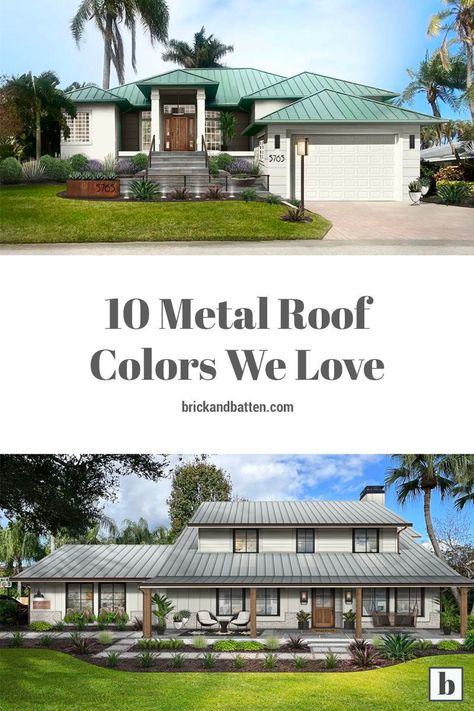 Whether you want to go bold with red, embrace earth tones with green, or keep it simple with a neutral, there are plenty of metal roof colors to choose from for your home's exterior. This post is full of different metal roof and house color combos for your inspiration. #metalroof #metalroofingideas #metalroofcolors #metalroofhouses Metal Roof Exterior House Colors, Metal Roof Stucco House, Green Roof House Colors Exterior Paint Farmhouse, Metal Roof Colonial House, Beige Metal Roof Exterior Colors, Green Metal Roof White House, Brick House With Black Metal Roof, Tin Roof House Colors, Tan House With Metal Roof