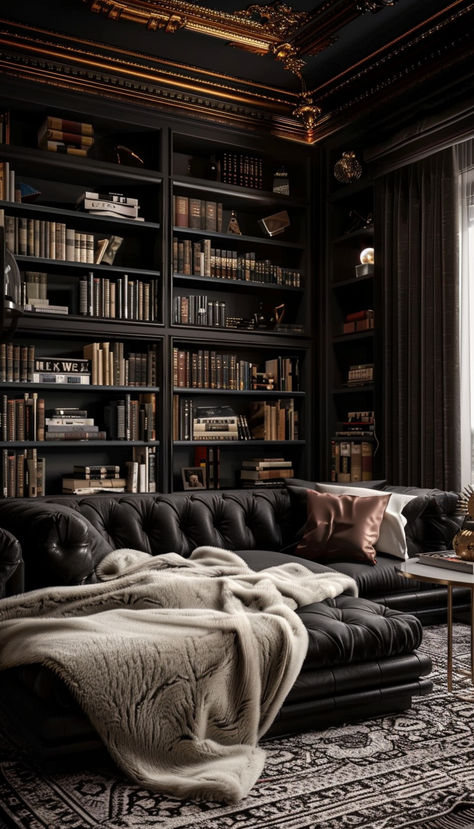 I'm not sure about the gold and black ceiling but love this multi person couch. This would be perfect for my family beause we all like to spread out but still be together Black And Gold Library, Luxurious Home Library, Reading Room Dark Academia, Hobbit Cabin, Cottagecore House Aesthetic, Dark Library Aesthetic, Light Academia Living Room, Luxury Home Library, Dark Cottagecore House