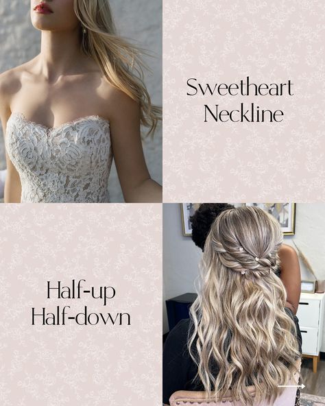 Perfect Hairstyles for Every Wedding Dress Neckline ✨ Complete your wedding look with the perfect hairstyle to complement your gown! Here’s some inspiration: 🤍 High Neckline: A sleek updo or a low bun creates a clean and elegant look that balances the high neckline. 🤍 Sweetheart Neckline: A romantic half-up/half-down style with soft curls adds a touch of whimsy and complements the sweetheart shape. 🤍 Off-the-Shoulder Neckline: Show off those delicate shoulders with a romantic updo or cas... Wedding Dress Neckline, Dress Hairstyle, Romantic Updo, Sleek Updo, Perfect Hairstyle, Low Bun, Neckline Dress, Soft Curls, Wedding Hairstyle