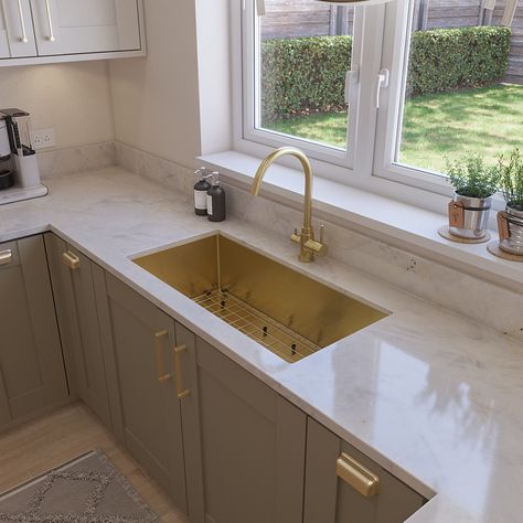 Undercounter Sink Kitchen, Brass Sink Kitchen, Gold Sink Kitchen, Gold Farmhouse Sink, Kitchen Sink Gold, Granny Suite, Gold Kitchen Sink, Gold Sink, Kitchen Sink Remodel