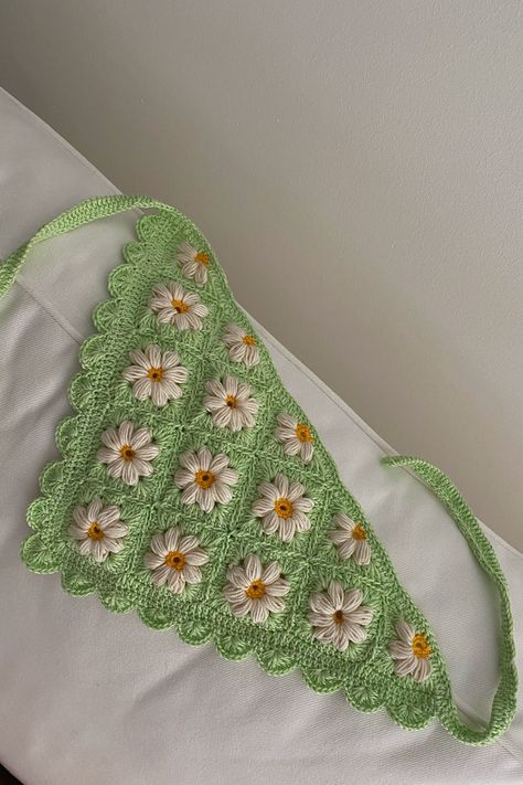 Light Green Crochet Daisy Bandana, Boho Handmade Aesthetic Hair Scarf | %100 Handmade bandanas and hair scarves by me ! You can find different colors of hair accessories in my shop. Follow the crochet fashion/moda by reflecting the nature into your style! Crochet Daisy Bandana, Boho Hair Scarf, Crochet Bandanas, Hair Kerchief, Bandana Crochet, Kerchief Hair, Handmade Aesthetic, Hair Scarves, Crochet Bandana