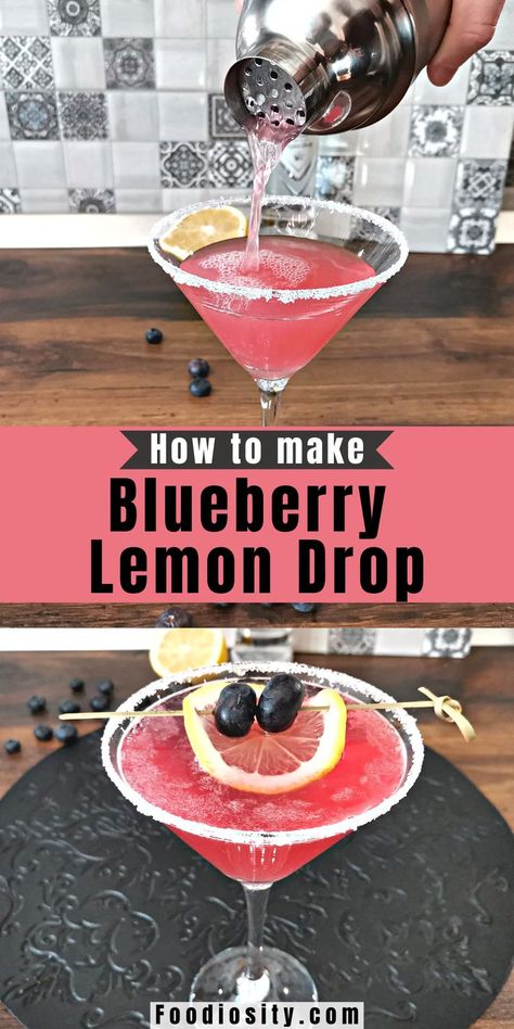 Blueberry Lemon Drop, Lemon Drop Recipe, Blueberry Cocktail, Lemon Drop Cocktail, Lemon And Blueberry, Alcholic Drinks, Cocktail Drinks Alcoholic, Blueberry Syrup, Yummy Alcoholic Drinks