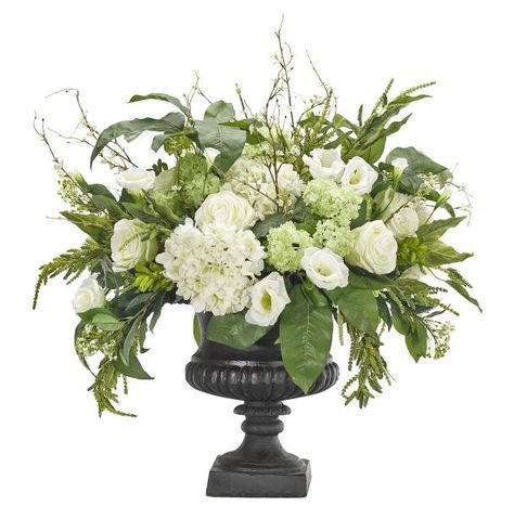 NDI-Natural Decorations, Inc.   NDI White Rose and Hydrangea Centerpiece   A new white centerpiece design from NDI featured in a classic black cast iron urn, composed of luscious white hydrangeas, crisp rose buds, delicate white lisianthus and snowball blooms, accessorized with wispy green amaranthus and schefflera foliage. Dimensions 30"w x 28"d x 32"h (Item No. WF565) #HPmkt Faux Arrangements, Alter Flowers, April Rose, Hydrangea White, Floral Wedding Inspiration, White Flower Arrangements, Altar Arrangement, Hydrangea Centerpiece, White Centerpiece